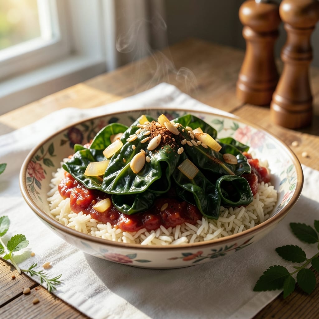 African Collard Greens and Rice Recipe: Smoky Tomato-Pepper Base with Fluffy Jasmine Rice