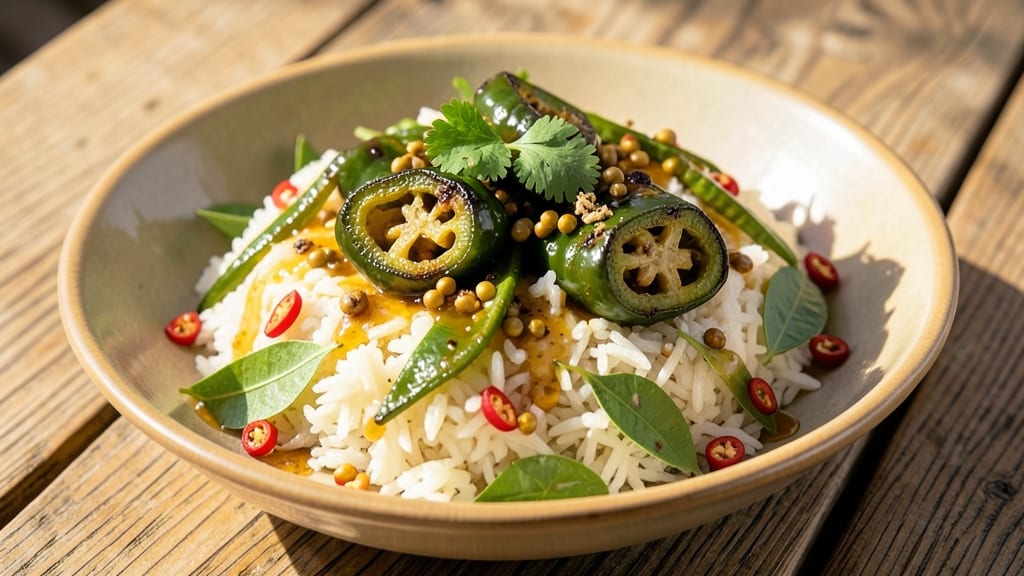 Capsicum Rice Recipe Hebbars Kitchen: Crispy Celery Crowns Over Spiced Jasmine Rice