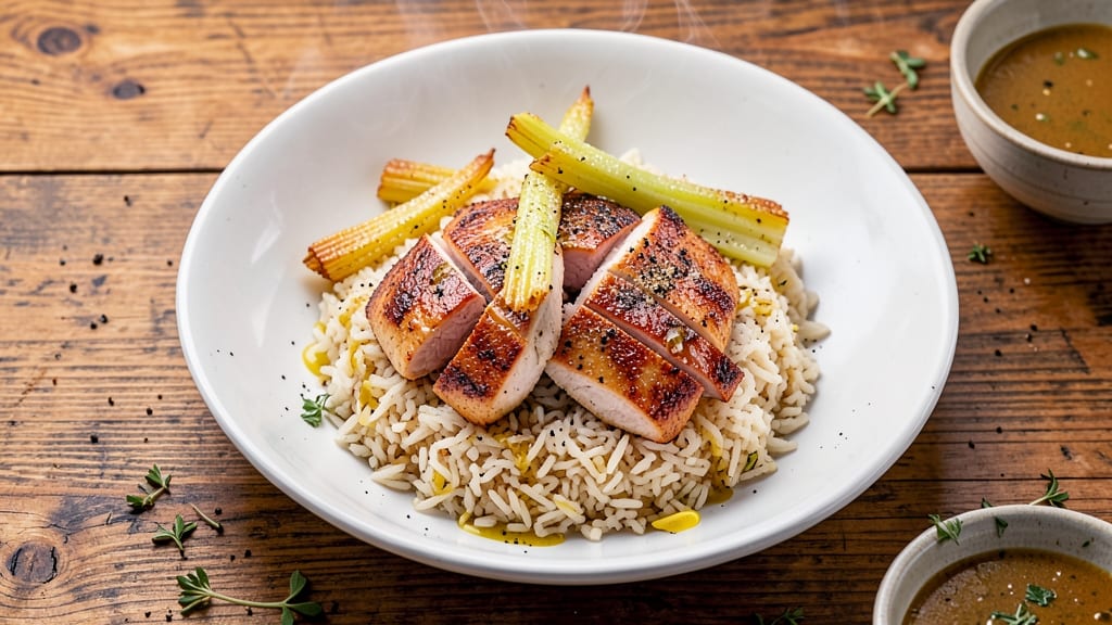 Chicken On A Bed Of Rice Recipe: Crispy Celery Crowns Over Savory Jasmine Rice