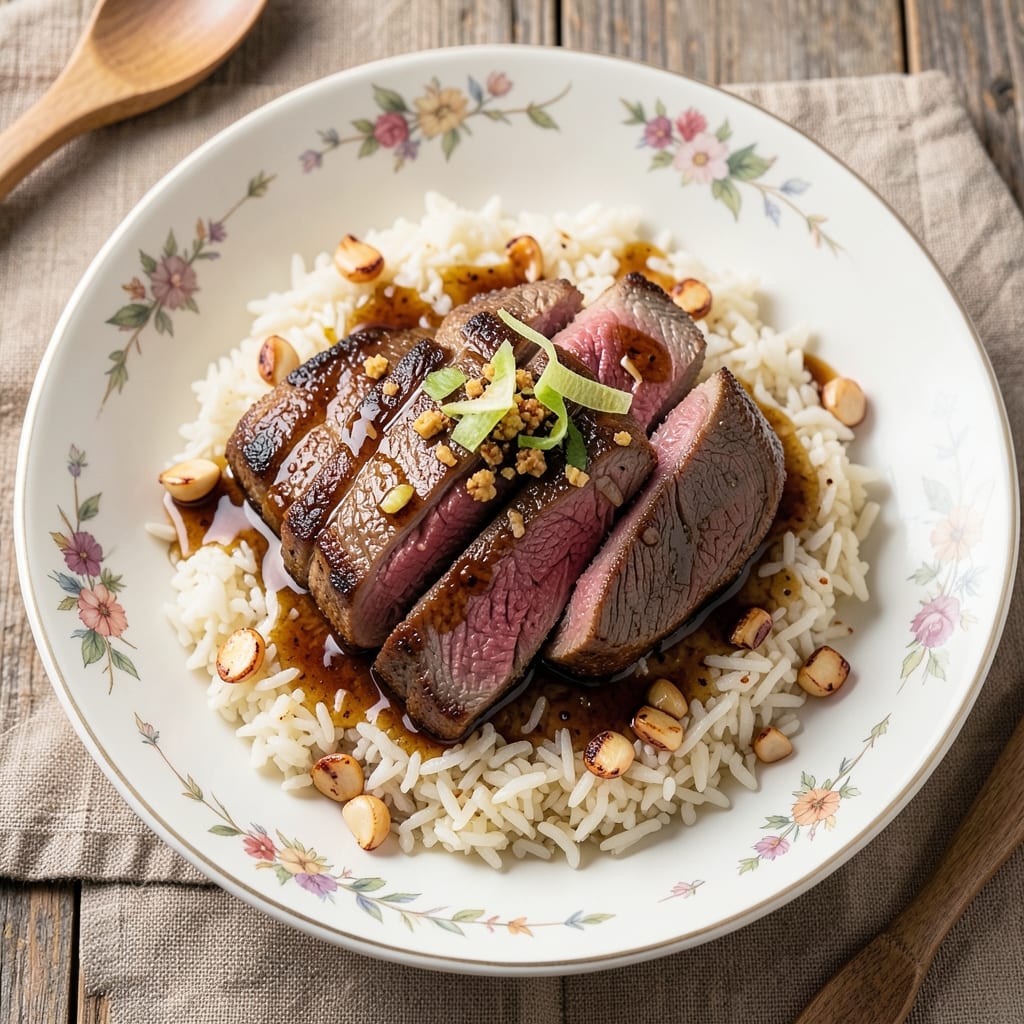 Asian Steak and Rice Recipe: Garlic-Ginger Crust Meets Fragrant Jasmine Rice