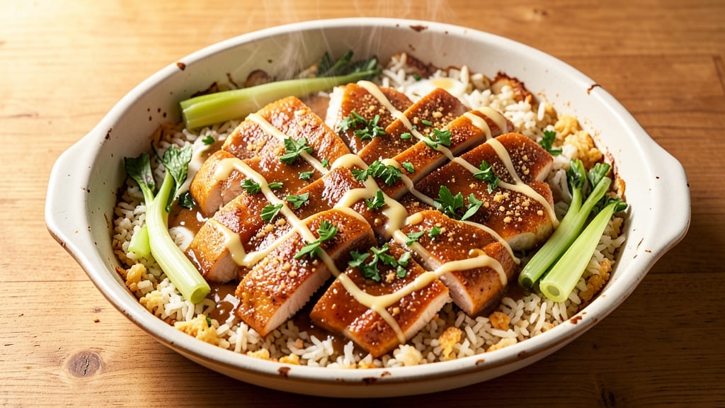 Chicken Rice Gravy Casserole Recipe: Crispy Celery Crowns Over Creamy Gravy Rice