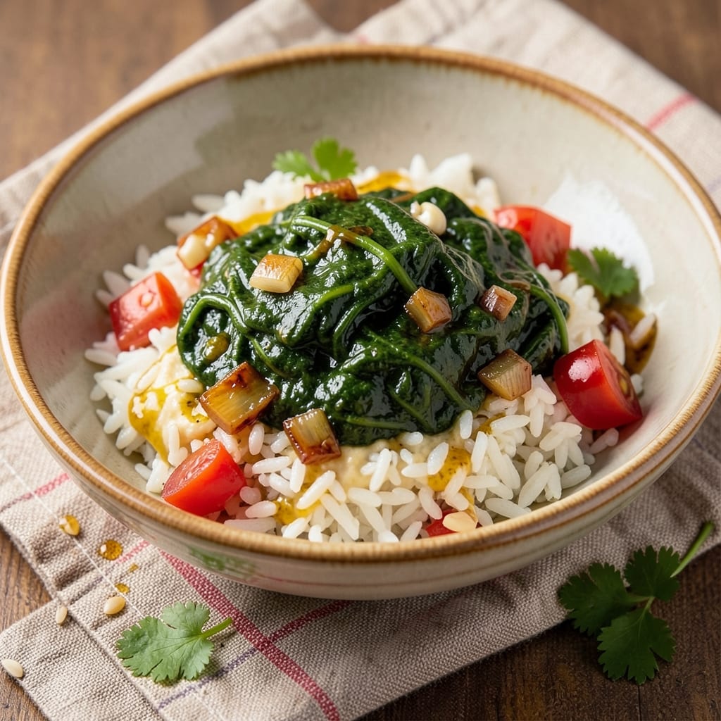 African Spinach and Rice Recipe: One-Pot Fragrant Saffron and Tomato Harmony