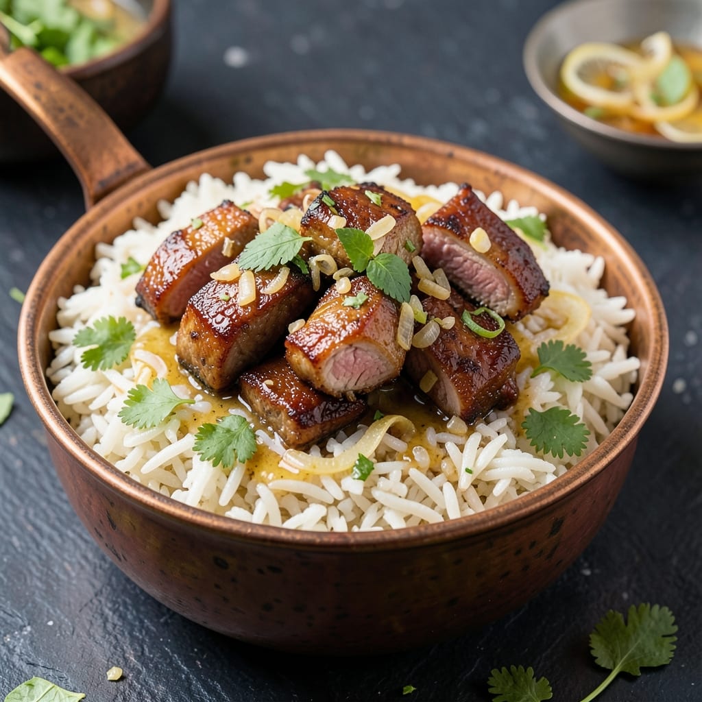 Ambemohar Rice Recipe: Spiced Golden Grains with Tender Lamb