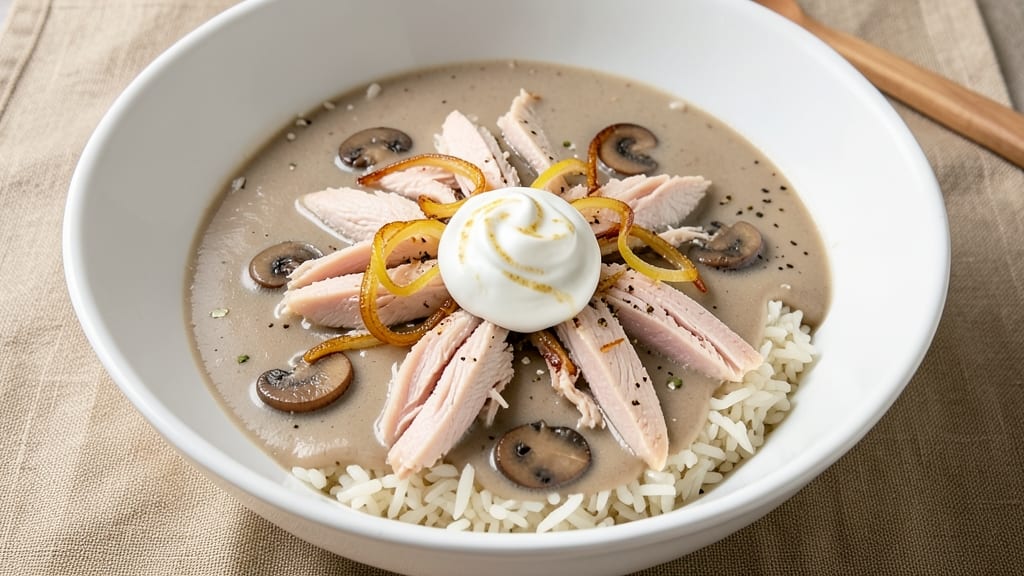 Chicken Rice Sour Cream Mushroom Soup Recipe: Velvety Mushroom Cream With Shredded Chicken