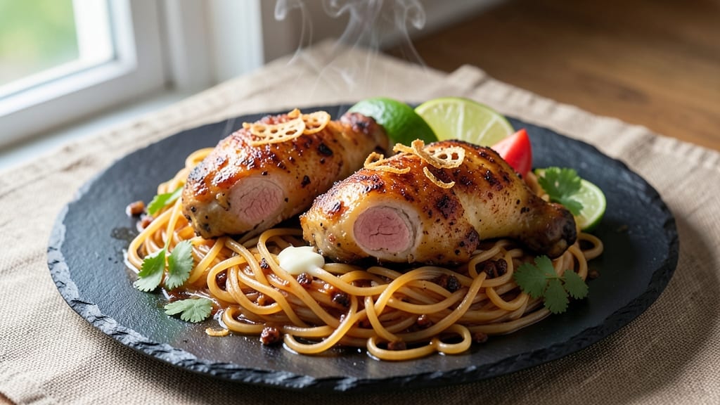 Chicken Thigh and Rice Noodle Recipe: Smoky Garlic Butter Crunch with Silky Noodles