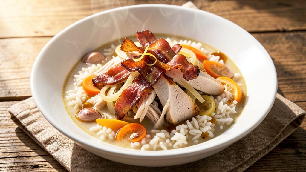 Chicken Bacon Rice Soup Recipe: Smoky Bacon Crunch and Silky Egg Ribbons